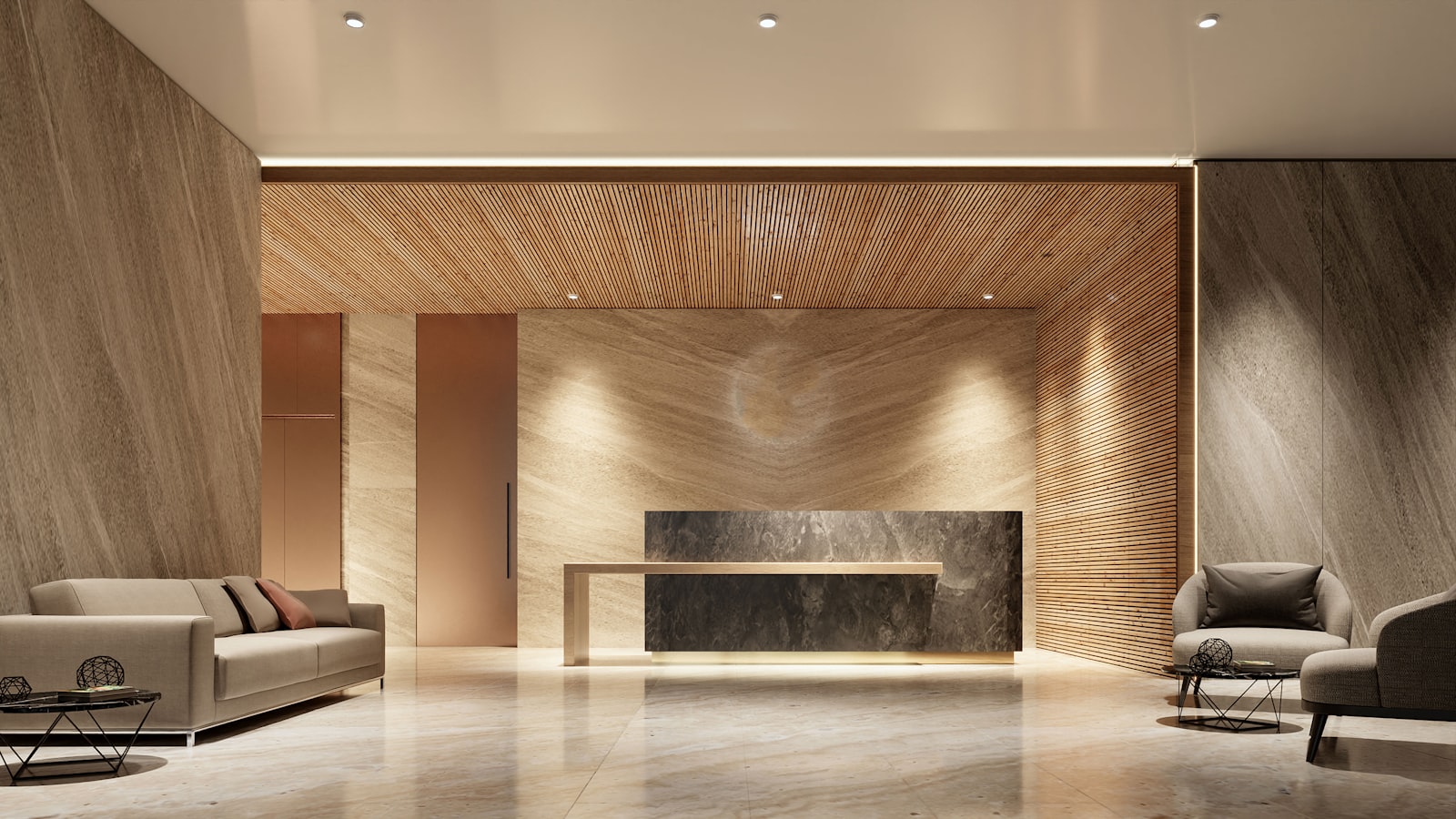 A calm, warmly lit reception lounge with marble and wood finishes.